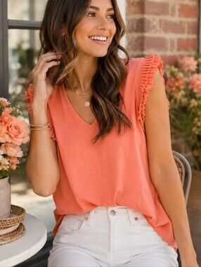 NWT Adrianna Papell Pleated Sleeve V-Neck Top XS Sunset Coral Flutter Blouse